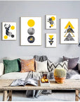 Abstract Grey Yellow Geometric Triangles Nordic Deer Wall Art