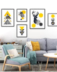 Abstract Grey Yellow Geometric Triangles Nordic Deer Wall Art